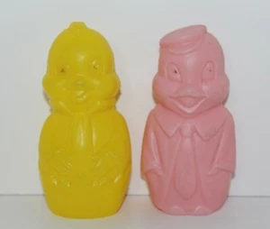 2 Vintage Easter Plastic Yellow & Pink Chick Duck Figurine Toys 4" tall - Picture 1 of 7