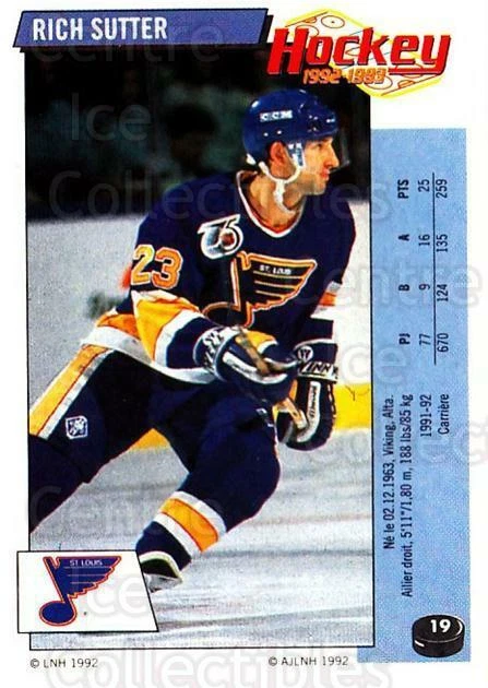 1992-93 Panini Stickers French #19 Rich Sutter - Image 1 of 1