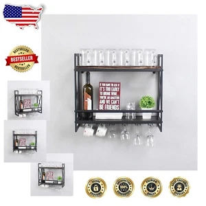 Industrial Metal Wine Rack with Glass Stem Holder - Modern Rustic Home Decor - Picture 1 of 9