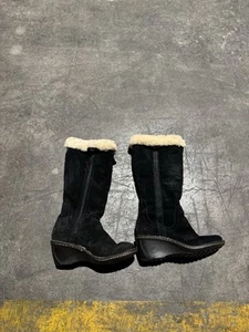 UGG Hartley Black Suede Sheepskin Lined Tall Zip-Up 2.5-inch-Wedge Boots Size 7 - Picture 1 of 10