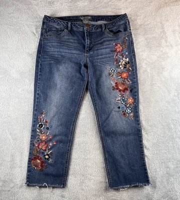 Pantalones de mezclilla florales Democracy Flexellent para mujer 10 flecos bordados azules boho Foto 1 de 4