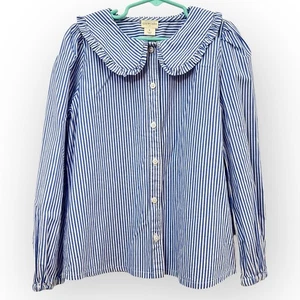 Crewcuts Girls Sz 8 Button Dress Cotton Poplin Blue White Striped Ruffle Collar - Picture 1 of 6