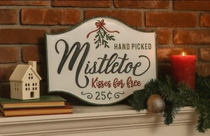 "Muérdago escogido a mano, letrero de pared de metal besos gratis, letrero de Navidad, NUEVO 18 X 15""" - Imagen 1 de 6
