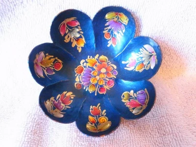 Vintage El Porton Mexico Enamel Copper Blue Floral  Scalloped Trinket Dish Bowl - Image 1 of 4