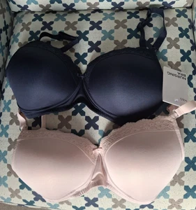 M&S Nursing Bras 2 x 32E Navy/Mid Pink Cotton Lined Lace edge+sides BNWT RRP £30 - Picture 1 of 14