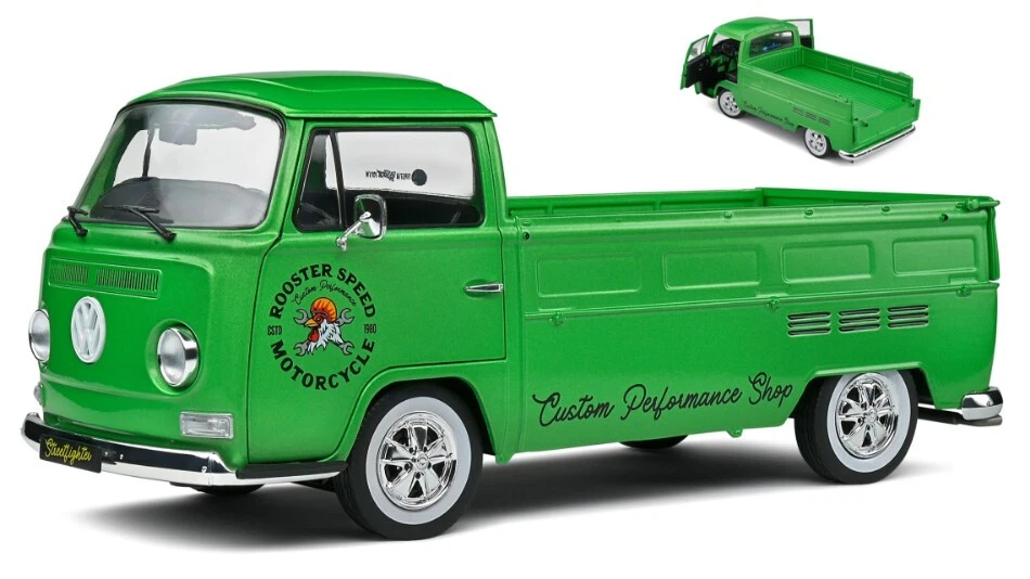 MODELLINO FURGONE STATICO SOLIDO VW T2 PICK UP MOTORCYCLE CUSTOM 1968 SCALA 1/18 - Immagine 1 di 1