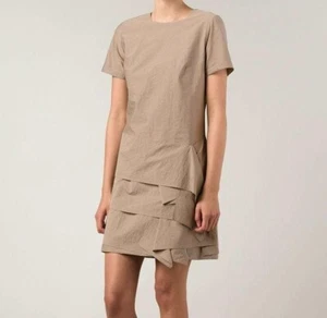 Vestido BRUNELLO CUCINELLI Algodón Capas Parte Inferior Taupe Manga Corta Pequeño NUEVO - Imagen 1 de 10