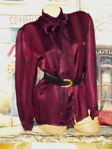 USA VinTage 12 Silk Blouse High Collar Pussy Blouse l/s Burgundy Stunning! - Picture 1 of 11