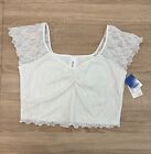 Aubound Womens Ivory Lace Button Down Crop Top Short Sleeve Size L
