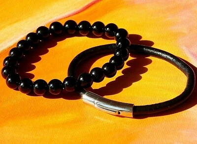 Herren / Damen 8mm Edelstein Perlen Armband Set - Natürlich Schwarzer Achat & - Bild 1 von 2