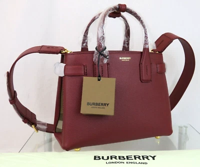 $1650 BURBERRY SM BANNER CRIMSON LEATHER CHECK CANVAS SHOULDER SMALL TOTE BAG - Image 1 of 4