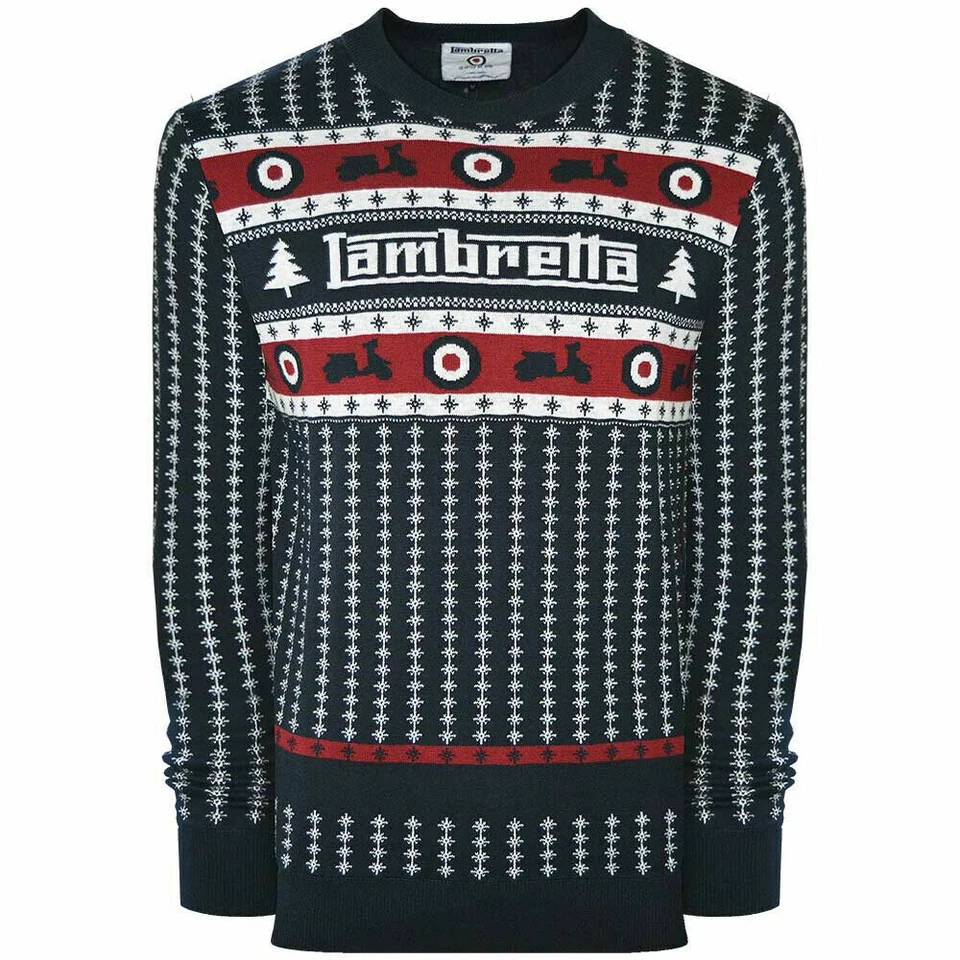 MENS LAMBRETTA CHRISTMAS TREE & SCOOTER XMAS JUMPER MOD / RETRO 9707 - DARK BLUE - Image 1 of 2