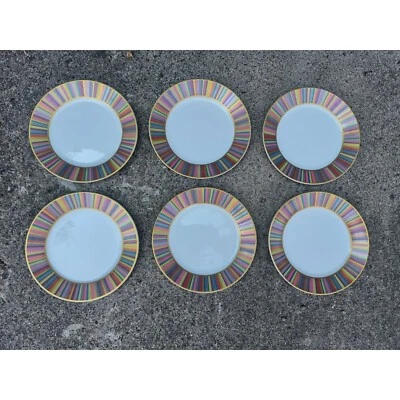 6 Pottery Barn Stripe 7 5/8" Salad Plates Multicolor Striped Rim - Image 1 of 3