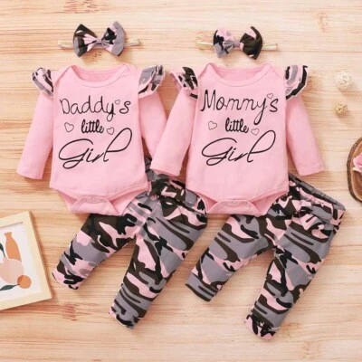 3Pcs Newborn Baby Girl Clothes Set Romper Bodysuit Top Camo Pants Outfits - Image 1 of 4