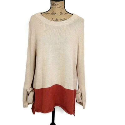 Skies Are Blue Womens sz M Sweater Tan Orange Colorblock Long Sleeve Bow Detail - Image 1 of 4
