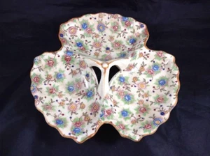 Floral Serving Tray Dish Vintage 3 Section Design Candy Dish Blue & Pink - Picture 1 of 10