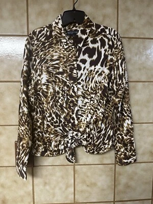Jones New York Women’s Long Sleeve Button Up Tie Front Animal Print Top, Sz Lg - Image 1 of 4