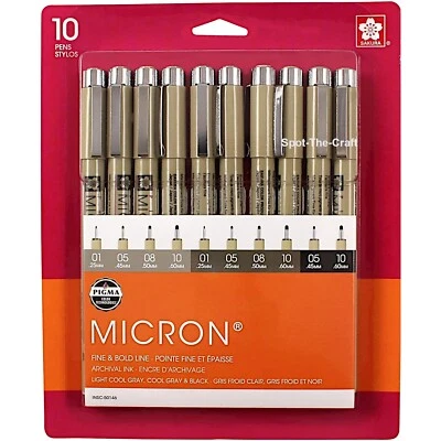 Sakura Pigma Micron Pen Set Light and Cool Gray Black Sizes 01 05 08 10 50146