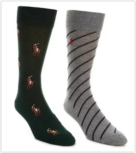 Polo Ralph Lauren Men’s 2-Pack Dress Socks 24-6 Green Polo Player & Grey Striped - Picture 1 of 3