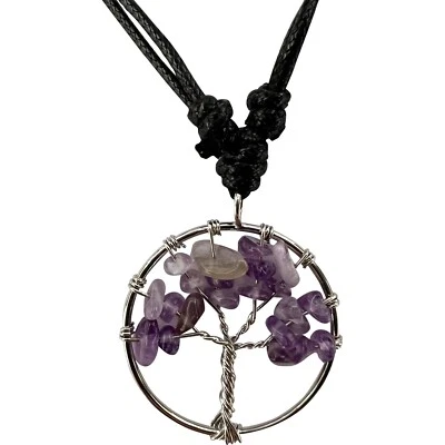 Tree Of Life Amethyst Pendant Necklace Chain Womens Mens Purple Crystal Jewelry - Image 1 of 3