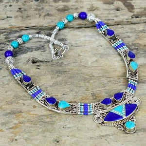 Turquesa & Lapis Lazuli 925 Plata de Ley Tibetano Joyería Collar Para Regalos - Imagen 1 de 4