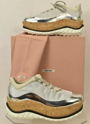 MIU MIU PRADA 5E281A SILVER PATENT LEATHER MESH CORK PLATFORM OXFORDS 40.5 - Image 1 of 4