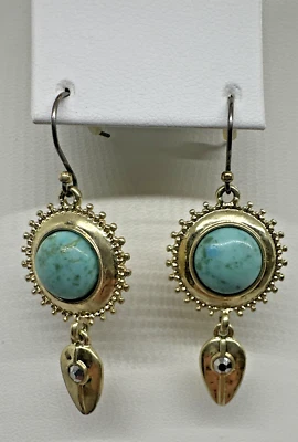 Gold Tone & Turquoise Cabochon Round Boho Dangle Earrings - Image 1 of 4