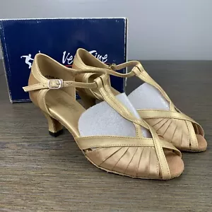 Sehr feine Competition 7,5 Ballsaal Tanzschuhe 2707 hellbraun Satin & Gold - Bild 1 von 13