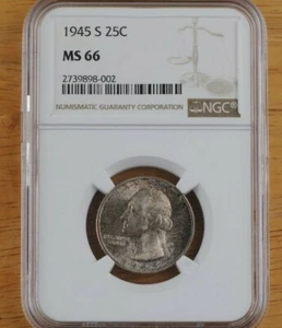 1945-S Uncirculated Washington Quarter Certified NGC MS 66 - Picture 1 of 9