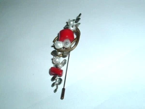 Vintage Baroque Pearl Blood Coral Sterling Stick Pin Lapel Pin - Picture 1 of 7