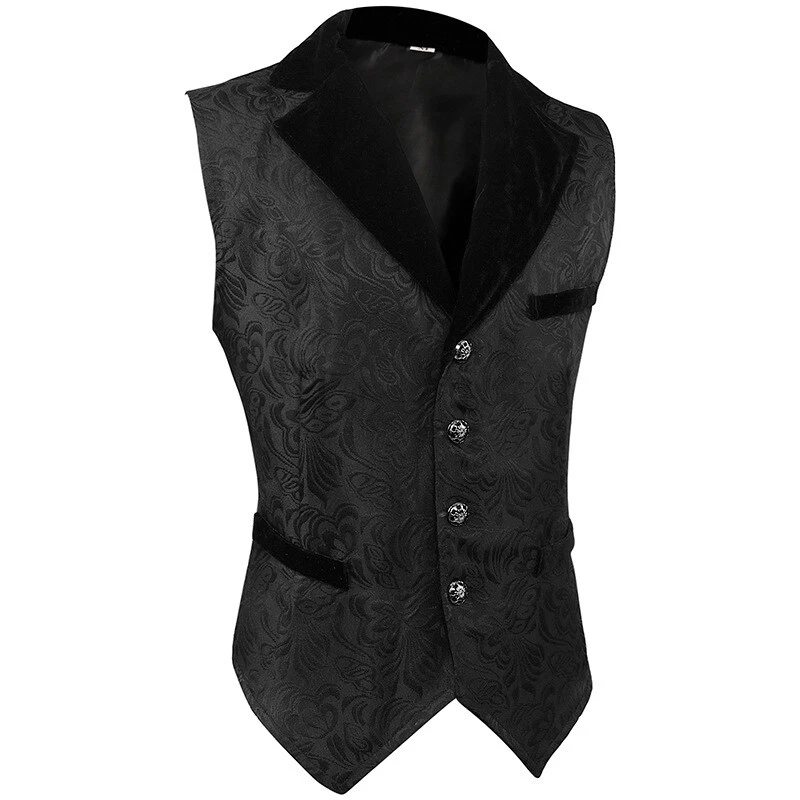 Hombres Chaleco Chaleco Medieval Retro Gótico Jacquard Chaleco Negro Cuello Terciopelo Foto 1 de 4