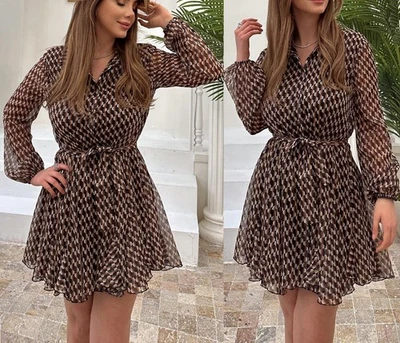 ZARA GEO PRINT Metallic GOLD THREAD VOLUMINOUS RUFFLE HEM SKATER SHIRT DRESS NEW - Image 1 of 4