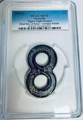 2018 Figure Eight Dragon Antiqued 2oz Silver $2 Coin PCGS MS70 FDOI Australia - Image 1 of 3