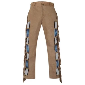 Pantaloni con frange in pelle di cervo nativi americani con perline indiane, vestito Powwow - Foto 1 di 4