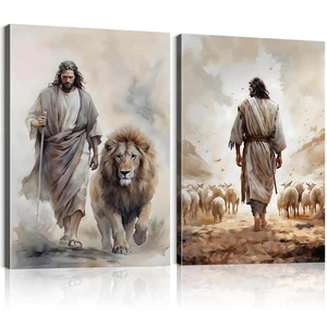 Framed 2Pcs Jesus Canvas wall Art Boho Christian Wall Art Jesus and Lamb Prin... - Picture 1 of 7