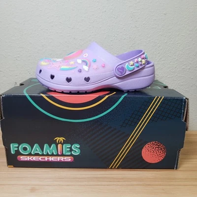 Zuecos deslizables Skechers Foamies para niñas pequeñas talla 10 unicornio púrpura pastel Foto 1 de 4
