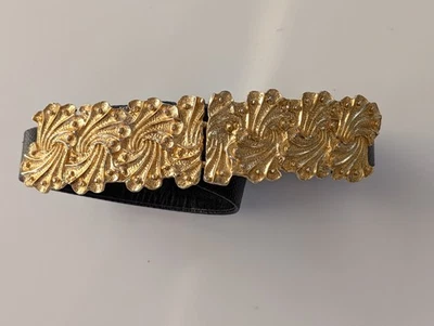 Vintage Alexis Kirk Gold Ornate Leaf Buckle Black Snakeskin Embossed Belt 1981 - Image 1 of 4
