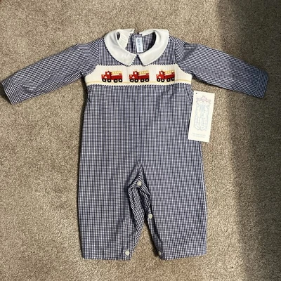 Vive La Fete Hand Smocked Fire Truck Romper. 9M. NWT. - Image 1 of 4