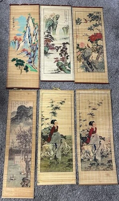 6 Vintage Asian Chinese Japanese Hand Painted Bamboo Wood Wall Scroll Lot - Image 1 of 4
