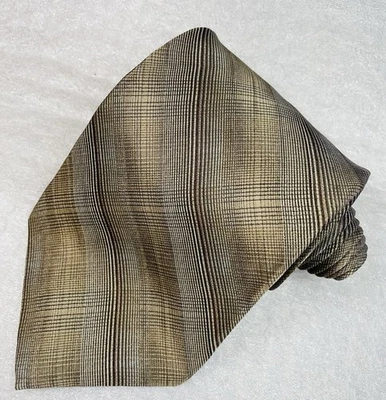 Vintage Vann Hussen Neck Tie Gold And Brown Strip With Fine Plaid - Image 1 of 4