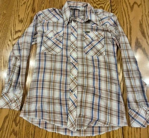 Vintage Wrangler Shirt Mens Medium Brown Blue Plaid Pearl Snap Western USA 70s - Picture 1 of 12