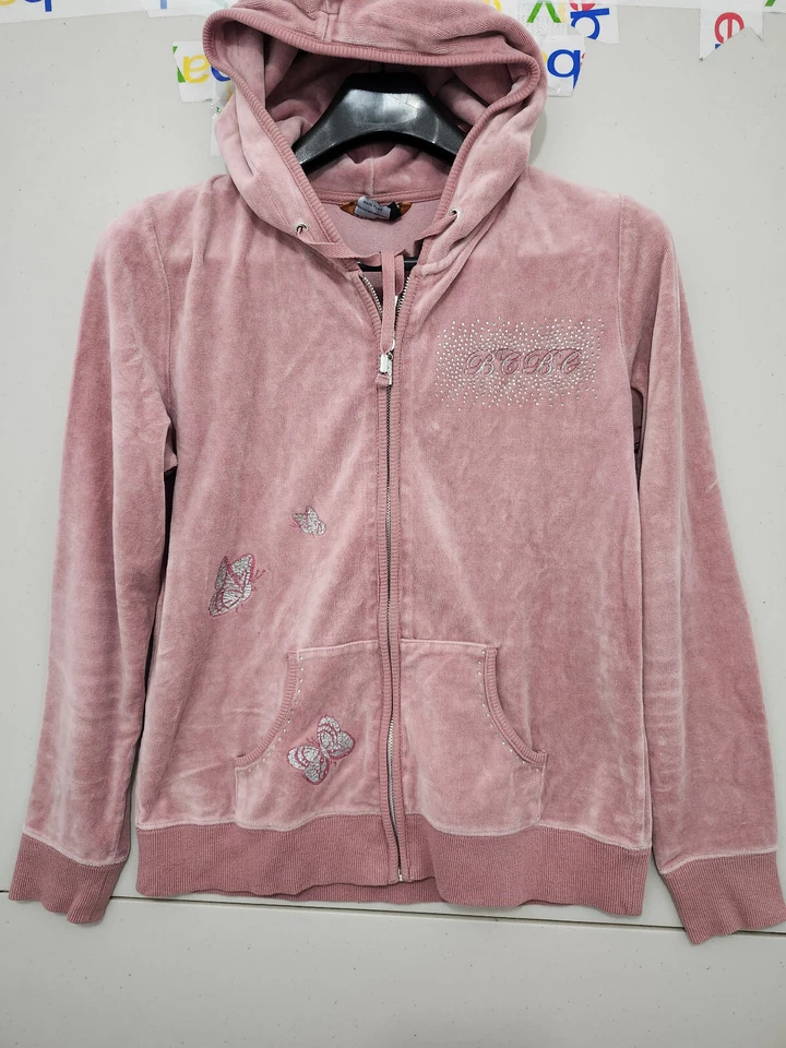 BCBG Max Azria Sudadera Mujer L Rosa Cremallera Sudadera con Capucha Terciopelo Mariposa 2 Lados Y2K Foto 1 de 4