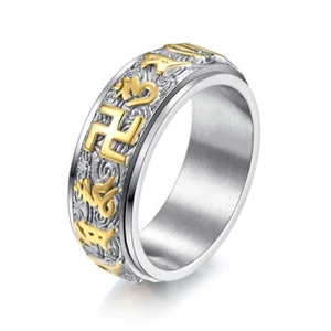 Buddhist Mantra Spinning Ring Stainless Steel 8mm Men Women Pinky Ring Size 6-12 - Picture 1 of 2