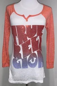 True Religion Women’s XS Shirt Burnout Raglan Logo Glitter Graphic Baseball Top - Picture 1 of 9