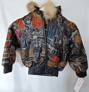 New Old STK - Leder Scarface bestickte Jacke mit abnehmbarer Kapuze - Kind klein - Bild 1 von 18