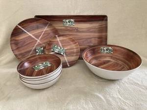 Tommy Bahama Melamine Dark Wood Dinner,Salad Plates, Bowls + Serving Bowl & Tray - Picture 1 of 12