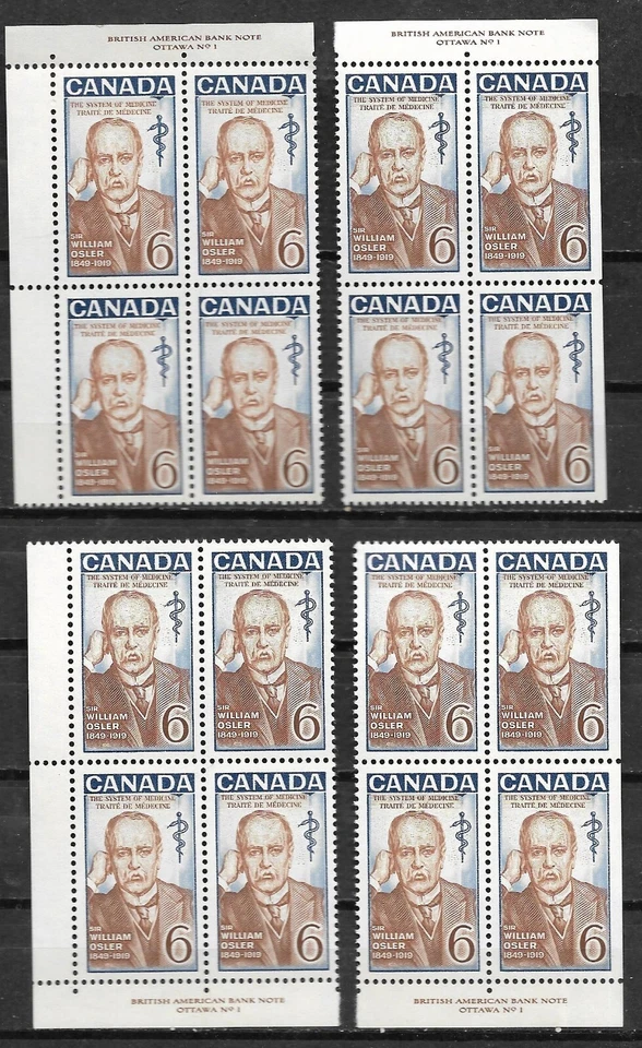 pk00827:Stamps-Canada #495 Sir William Osler 6 cent Plate Block Set - MNH - Image 1 of 1