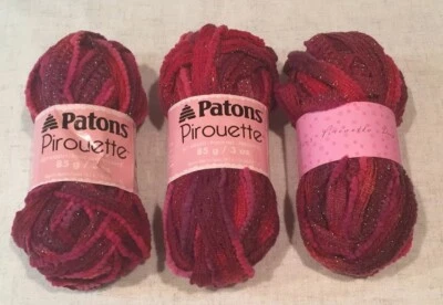 Hilo de pirueta Patons brillo de vino profundo 83431 ~ 3 madejas 85 g 3 oz ~ bufanda con volantes Foto 1 de 4