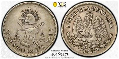 1877-Zs S 25 Centavos Zacatecas, Mexico PCGS XF40 KM-406.9 350k Mintage Pop 2/1 - Image 1 of 4