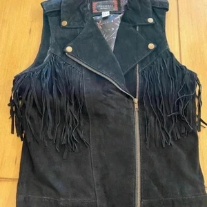 Womens Leather Fringe Vest Black Zipper Lined Boho Western Small great condition - Picture 1 of 9